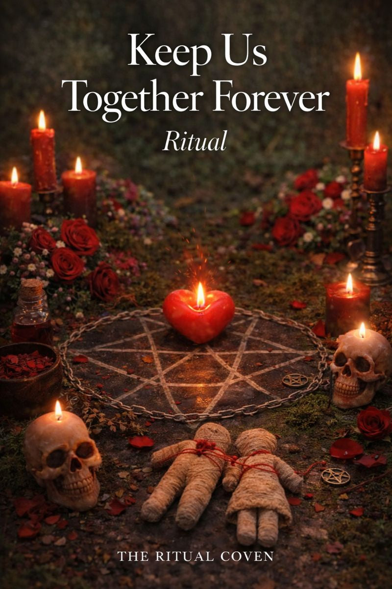 Witchcraft ritual setup with candles, pentagram, hearts, and dolls on a dark background. Keep Us Together Forever Ritual