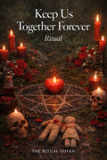 Witchcraft ritual setup with candles, pentagram, hearts, and dolls on a dark background. Keep Us Together Forever Ritual