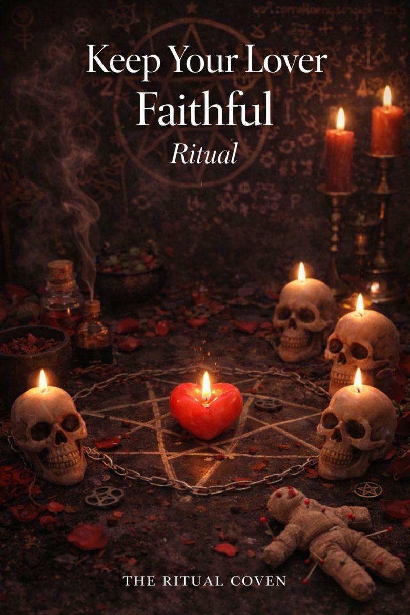 Magical ritual setup with candles, hearts, and skulls on a dark background. Keep Your Lover Faithful Ritual