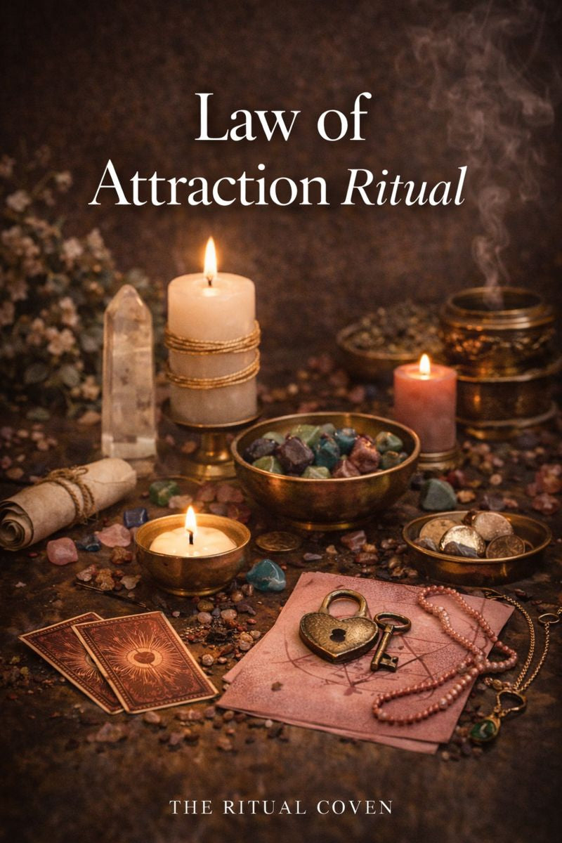 Magical setup with candles, stones, and cards on a dark background, featuring 'Law of Attraction Ritual' text.