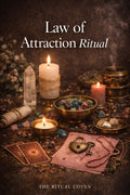 Magical setup with candles, stones, and cards on a dark background, featuring 'Law of Attraction Ritual' text.