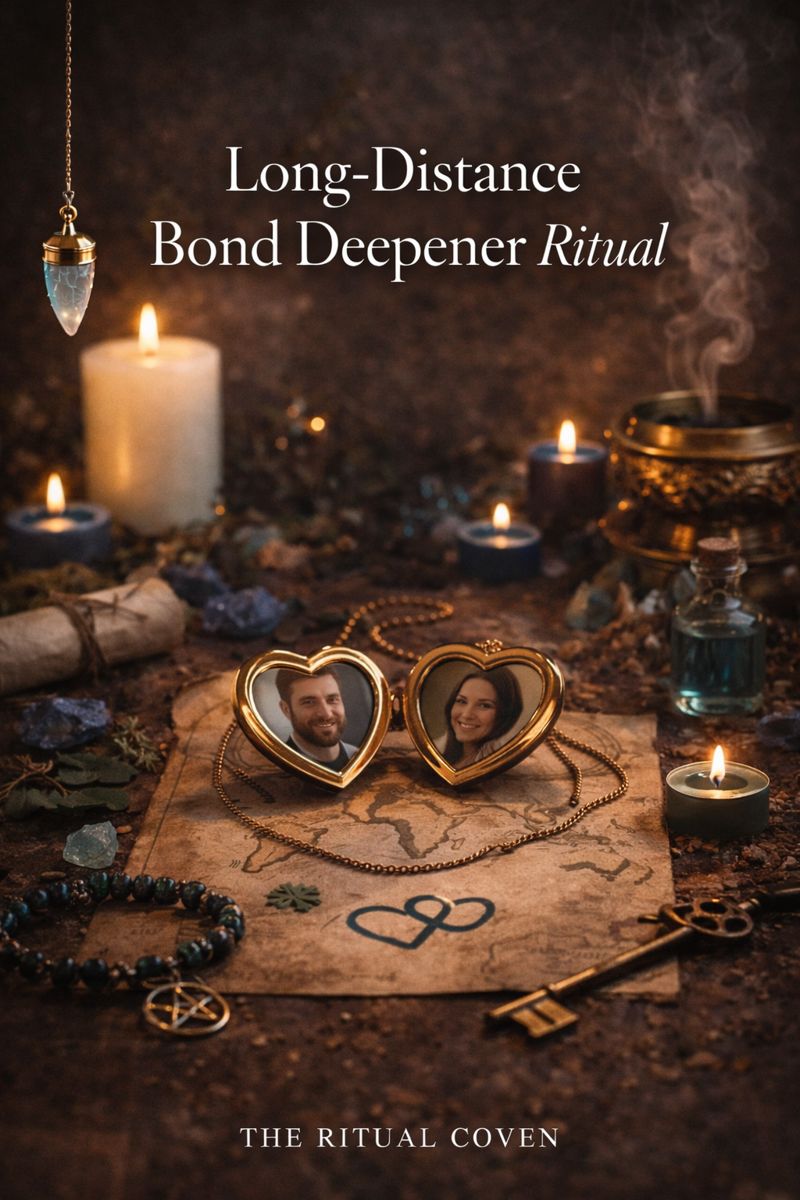 Mystical altar scene for the Long-Distance Bond Deepener Ritual featuring heart-shaped lockets, candles, crystals, a symbolic map, ritual tools, and ceremonial objects arranged to represent emotional connection across distance.