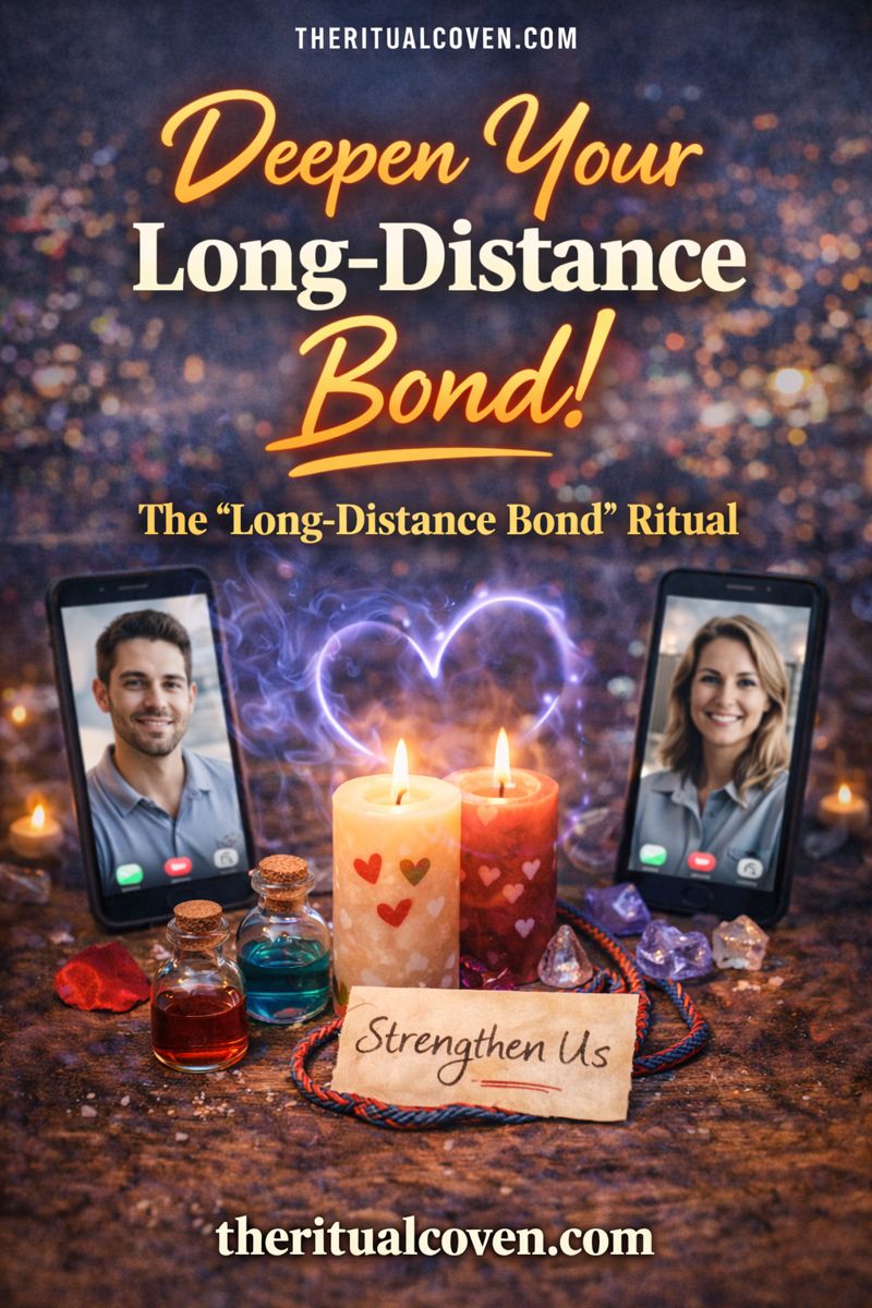 Long-Distance Bond Deepener Ritual image featuring two smartphones with a couple on screen, heart-themed candles, glowing heart energy, crystals, ritual bottles, and a handwritten note reading “Strengthen Us,” symbolizing emotional connection across distance, with theritualcoven.com displayed.