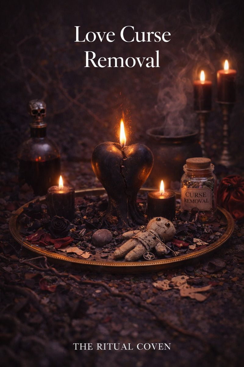 Magical ritual setup with candles, heart-shaped black stone, and bottles on a dark background. Love Curse Removal
