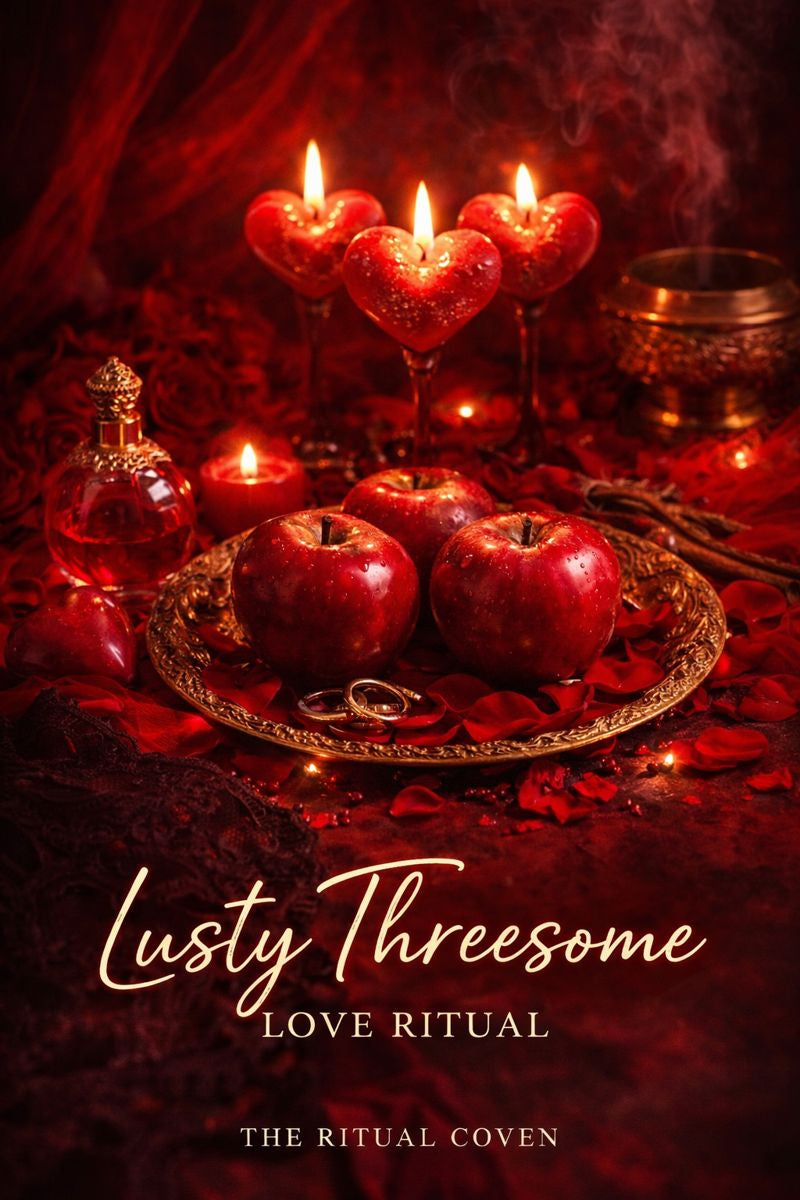 Decorative setup with apples, candles, and a bottle on a dark background, featuring the text 'Lusty Threesome Love Ritual' by The Ritual Coven.