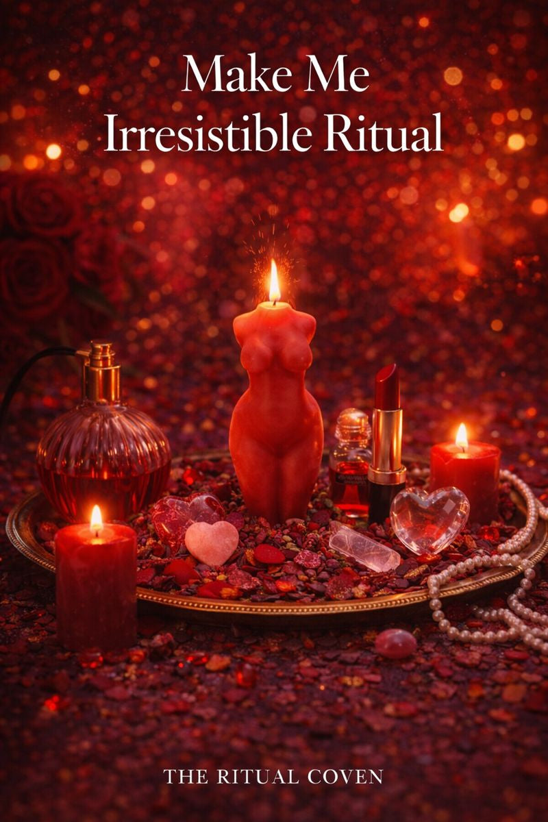 Decorative setup with candles, a woman-shaped candle, and crystals on a dark background with 'Make Me Irresistible Ritual' text.