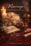 Decorative setup for a marriage commitment ritual with candles, flowers, and rings on an open book. Marriage Commitment Ritual