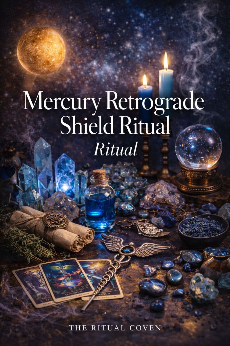 Mercury Retrograde Shield Ritual altar featuring protective candles, planetary symbols, crystals, ritual oils, and smoke cleansing tools designed to shield energy, prevent miscommunication, and restore clarity during Mercury retrograde, by The Ritual Coven.