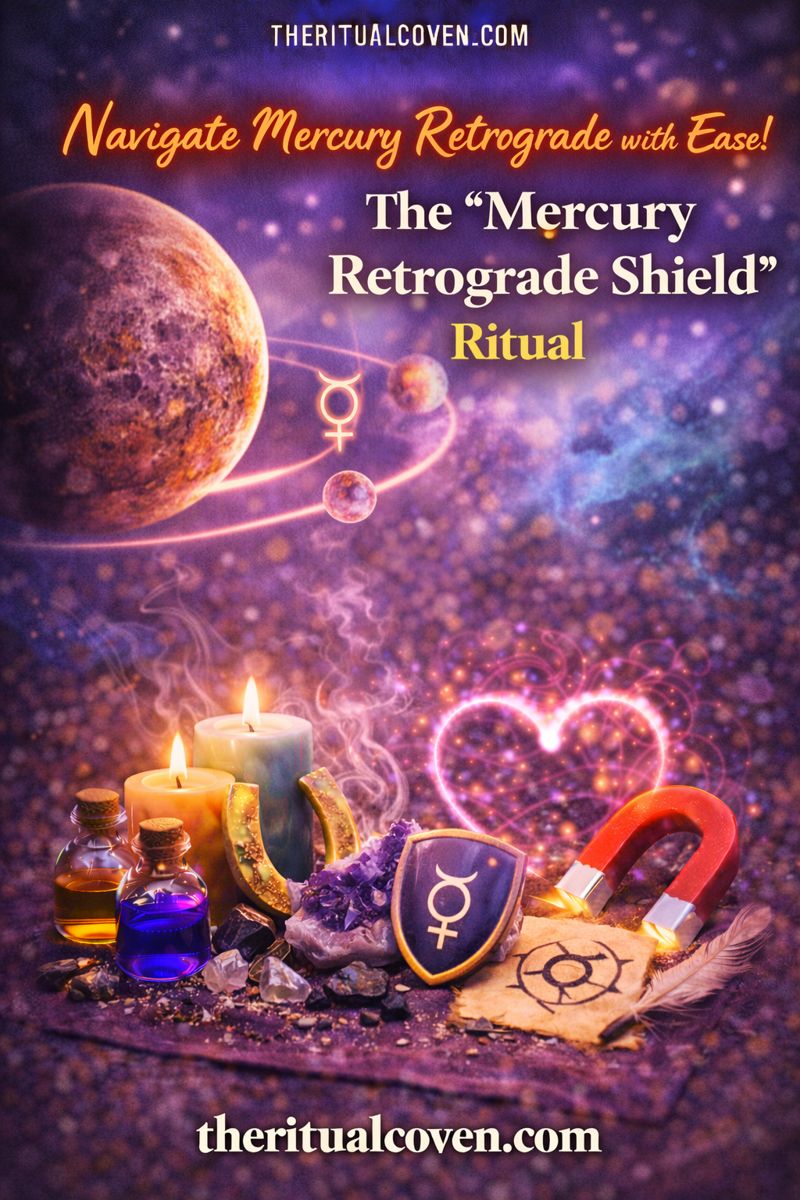 Mercury Retrograde Shield Ritual image featuring the planet Mercury in a cosmic sky, glowing candles, crystals, ritual bottles, a protective shield symbol with the Mercury glyph, and a heart-shaped energy glow, representing spiritual protection, clarity, and calm during Mercury retrograde, with theritualcoven.com displayed.