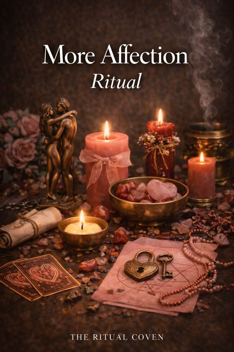 Magical ritual setup with candles, crystals, and a statue on a dark background. More Affection Ritual