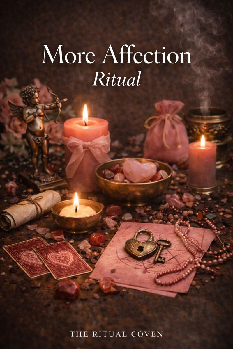 Magical ritual setup with candles, cards, and decorative items on a dark background. More Affection Ritual