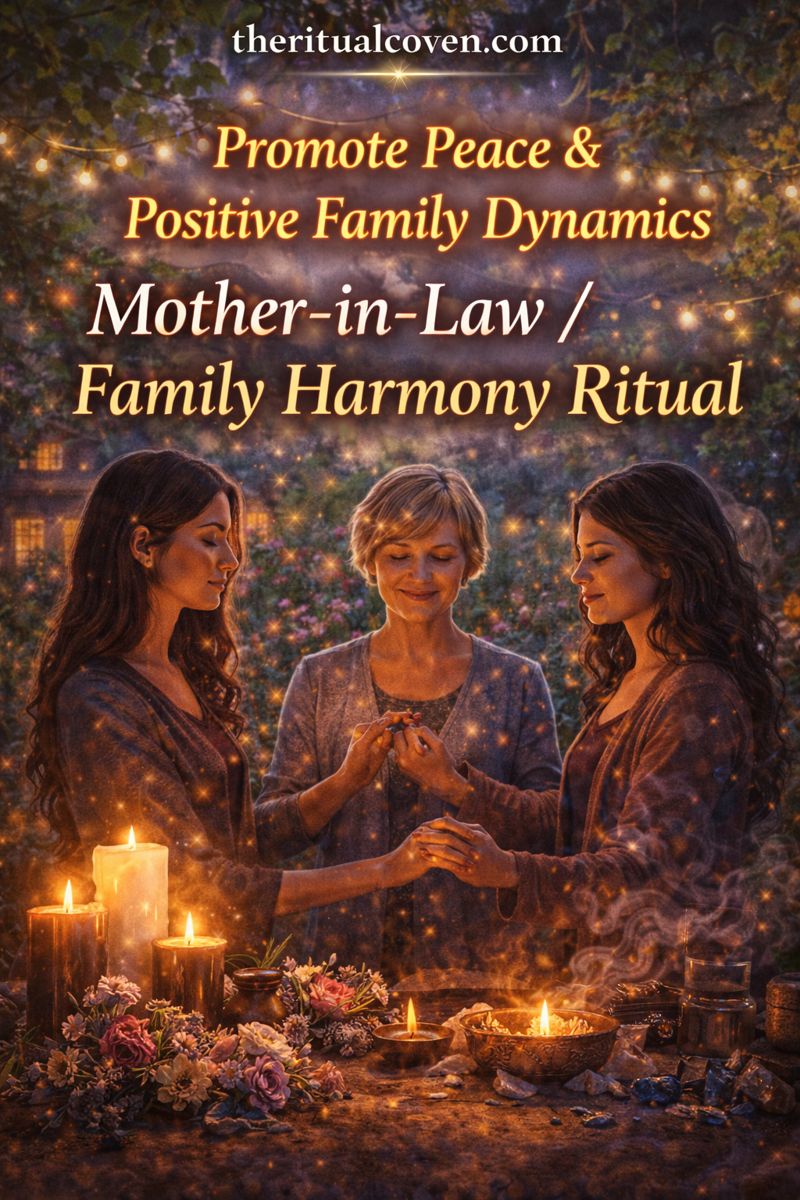 image showing three women standing together in a peaceful family ritual, holding hands around candles, flowers, and crystals. Text reads “Promote Peace & Positive Family Dynamics” and “Mother-in-Law / Family Harmony Ritual.” Warm golden lighting with a calm garden background and theritualcoven.com displayed.