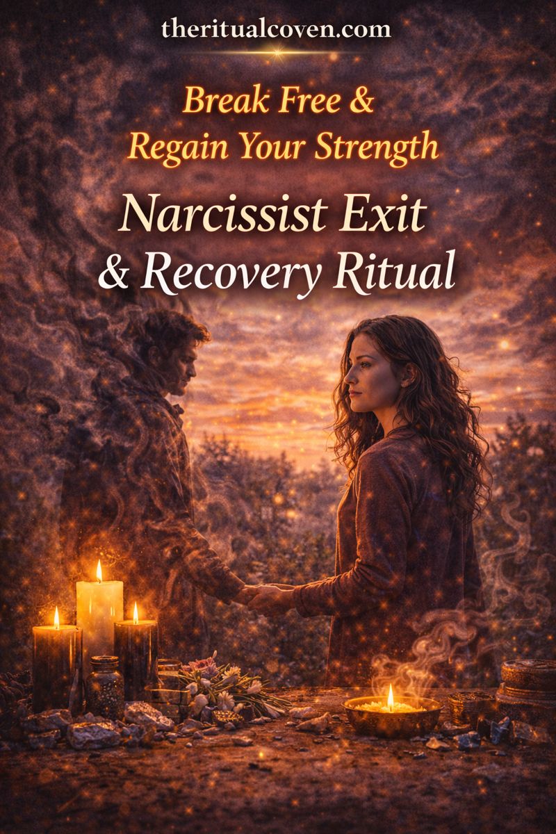 a woman standing strong and facing forward while a man fades into smoke behind her, symbolizing emotional release and recovery. Candles, crystals, and ritual tools are displayed on an altar. Text reads “Break Free & Regain Your Strength” and “Narcissist Exit & Recovery Ritual,” with warm sunset tones and theritualcoven.com visible.