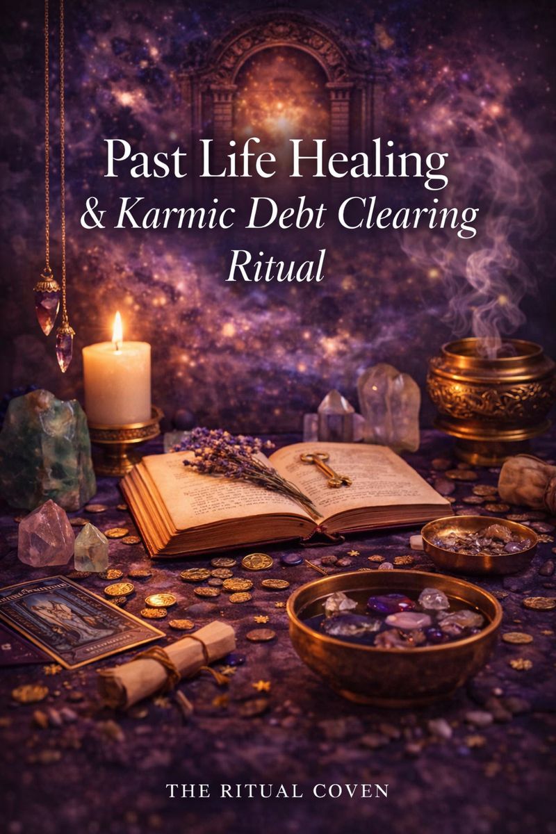 Past Life Healing & Karmic Debt Clearing Ritual altar with candles, crystals, ancient symbols, and sacred ritual tools, spiritual ritual for releasing past life trauma, clearing karmic blocks, and restoring soul balance by The Ritual Coven
