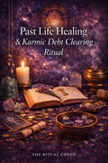 Past Life Healing & Karmic Debt Clearing Ritual altar with candles, crystals, ancient symbols, and sacred ritual tools, spiritual ritual for releasing past life trauma, clearing karmic blocks, and restoring soul balance by The Ritual Coven