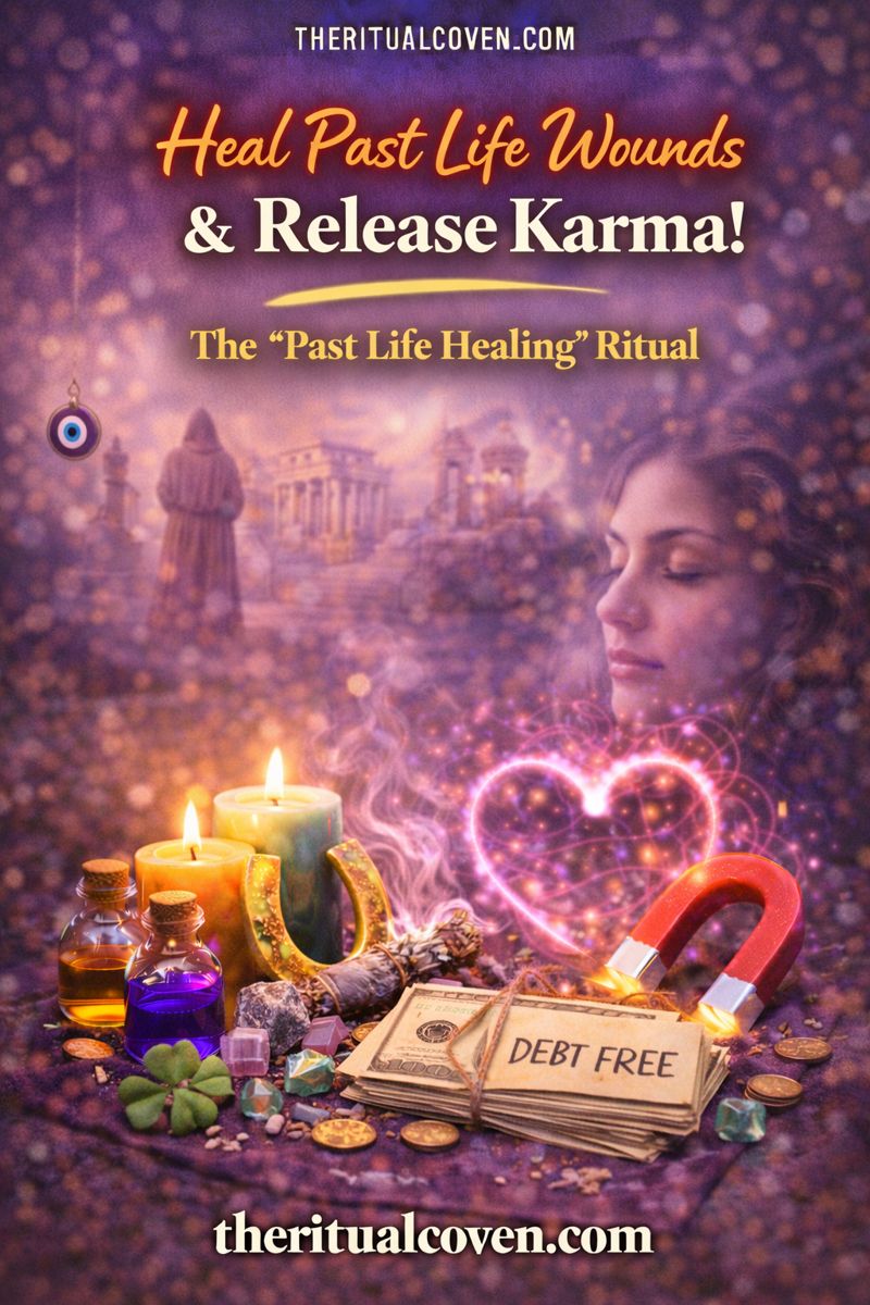 Past Life Healing and Karmic Debt Clearing Ritual image featuring a serene woman’s face blended with ancient imagery, glowing candles, crystals, ritual bottles, symbolic magnet and horseshoe, heart-shaped energy glow, and soft ethereal light, representing karmic release, soul healing, and spiritual renewal, with theritualcoven.com displayed.