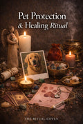 Pet Protection & Healing Ritual setup with candles, photo of a dog, and other items on a dark background.