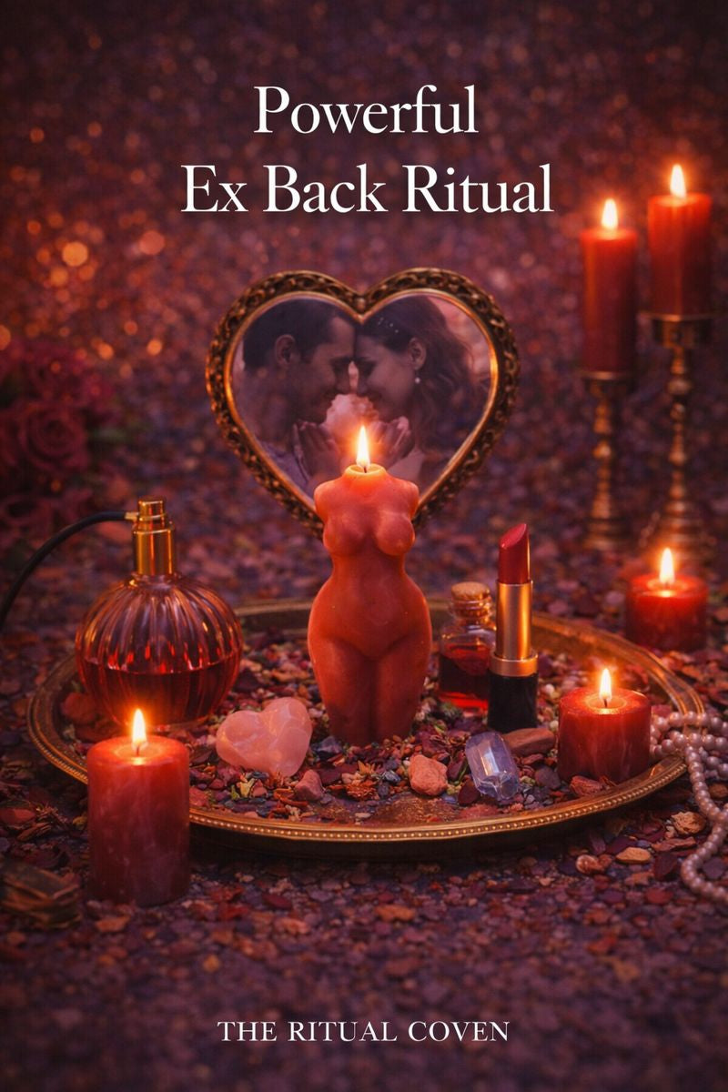 Vibrant image of a ritual setup with candles, mirror, and other objects on a dark background. Powerful Ex Back Ritual 