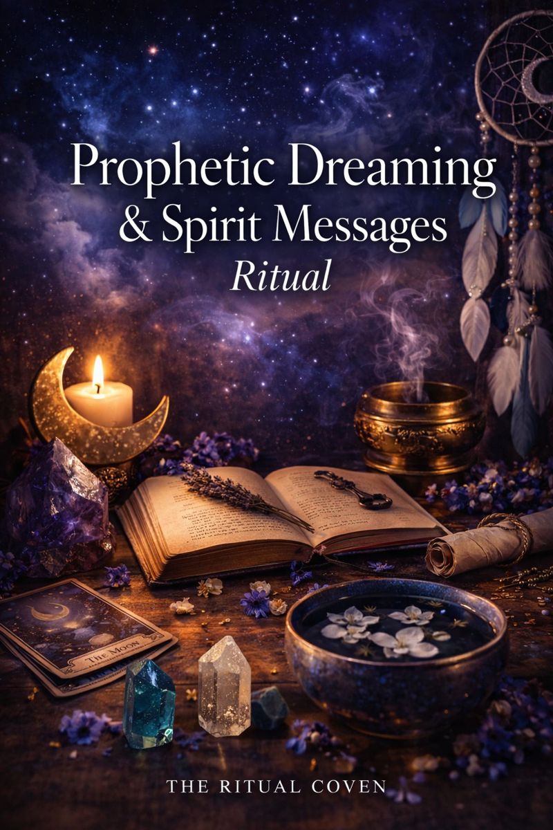 Prophetic Dreaming & Spirit Messages Ritual altar with candles, dreamcatcher, crystals, tarot cards, and mystical book under a starry night background, spiritual ritual for receiving messages through dreams and intuition by The Ritual Coven