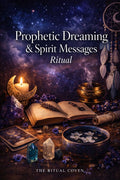 Prophetic Dreaming & Spirit Messages Ritual altar with candles, dreamcatcher, crystals, tarot cards, and mystical book under a starry night background, spiritual ritual for receiving messages through dreams and intuition by The Ritual Coven