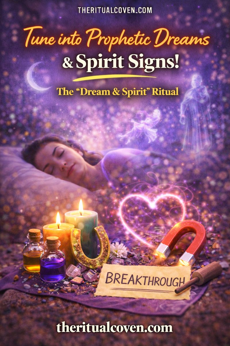 Prophetic Dreaming and Spirit Messages Ritual image featuring a sleeping woman under a starry night sky, glowing candles, crystals, ritual bottles, symbolic magnet and horseshoe, ethereal spirit figures, and heart-shaped energy glow, representing intuitive dreams and spiritual guidance, with theritualcoven.com displayed.