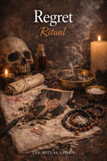 Mystical setting with skull, candles, and ritual items on a dark background, featuring the text 'Regret Ritual' by 'The Ritual Coven'.