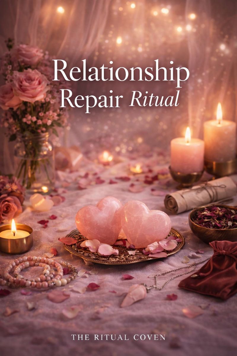 Relationship Repair Ritual altar with rose quartz hearts, pink candles, rose petals, and sacred ritual tools, spiritual love ritual for healing emotional bonds and restoring harmony in relationships by The Ritual Coven