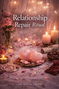 Relationship Repair Ritual altar with rose quartz hearts, pink candles, rose petals, and sacred ritual tools, spiritual love ritual for healing emotional bonds and restoring harmony in relationships by The Ritual Coven