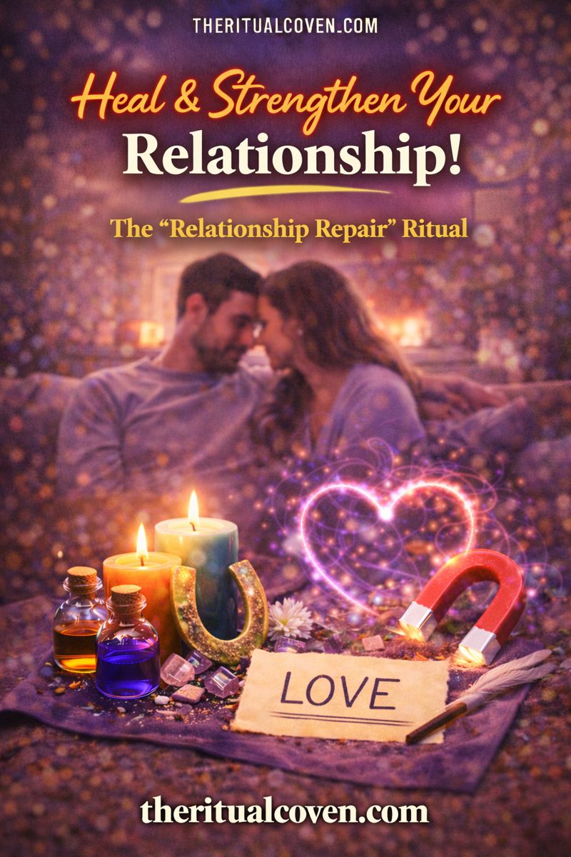 Relationship Repair Ritual image featuring a couple sitting close together with foreheads touching, glowing candles, crystals, ritual bottles, a symbolic magnet, heart-shaped energy glow, and a handwritten note reading “Love,” representing emotional healing, reconnection, and relationship harmony, with theritualcoven.com displayed.