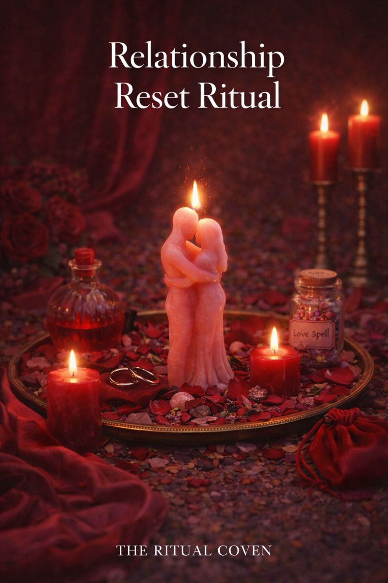 Candle with a love figure, candles, and jars on a dark background with 'Relationship Reset Ritual' text.