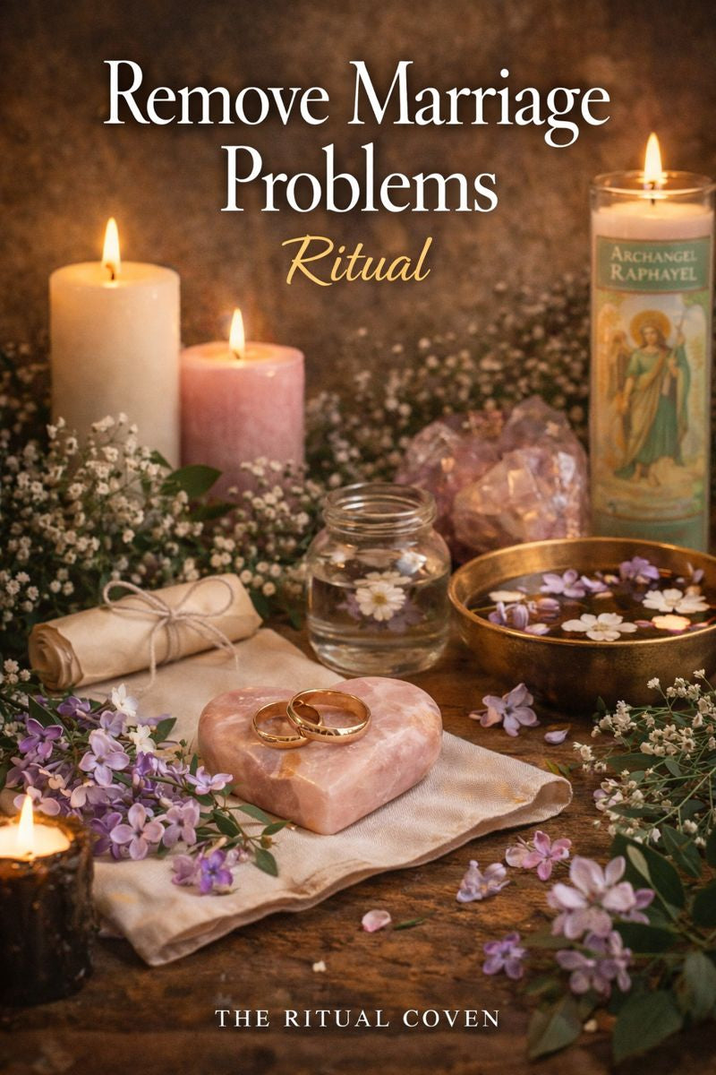 Ritual setup with candles, flowers, and a heart-shaped object on a wooden surface. Remove Marriage Problems Ritual