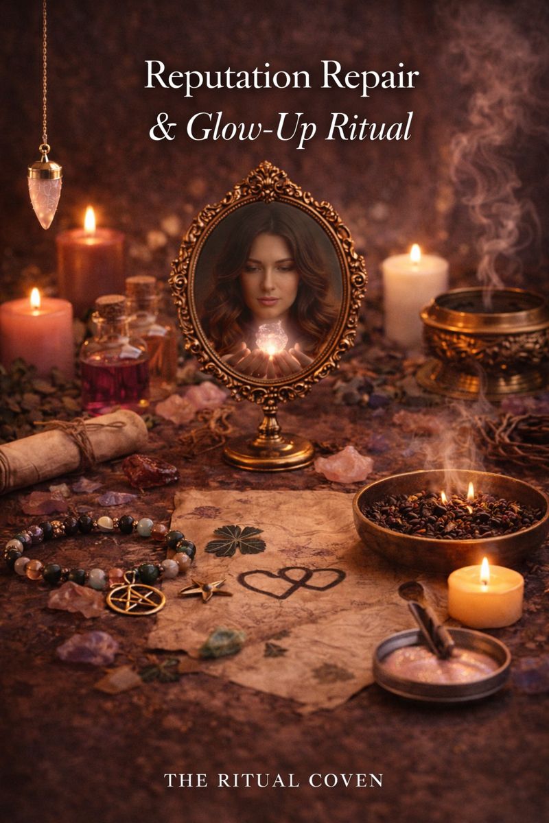 Mystical altar scene for the Reputation Repair and Glow-Up Ritual featuring candles, crystals, ritual tools, potion bottles, and an ornate mirror symbolizing renewal, self-image restoration, and personal radiance.
