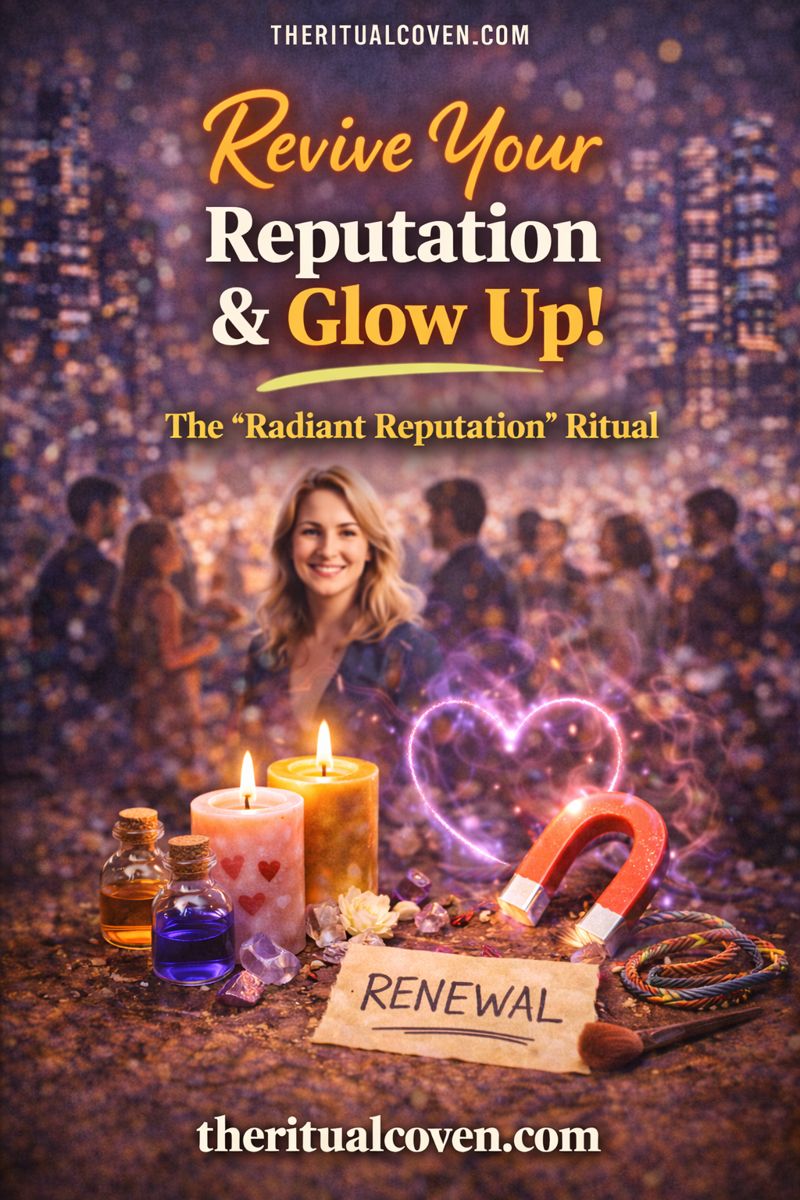 Reputation Repair and Glow-Up Ritual image featuring glowing candles, crystals, ritual bottles, a symbolic magnet, heart-shaped energy glow, city lights in the background, and a handwritten note reading “Renewal,” representing personal transformation and confident renewal, with theritualcoven.com displayed.