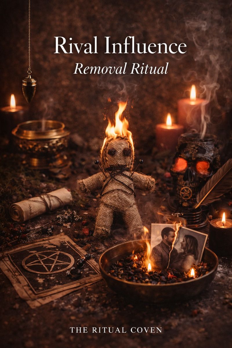 Intense ritual altar for the Rival Influence Removal Ritual displaying a symbolic poppet, candles, smoke, ritual parchment, and ceremonial objects used to represent influence clearing.