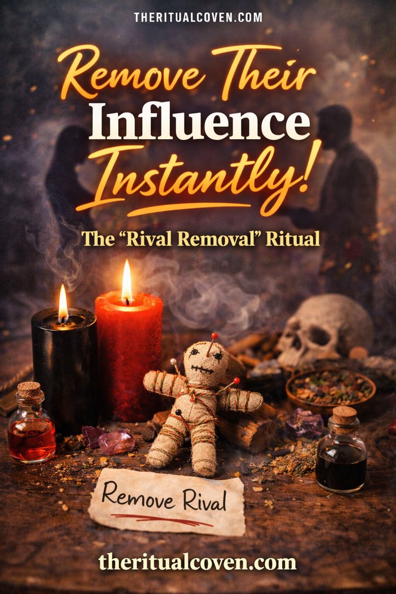Rival Influence Removal Ritual image showing lit candles, crystals, ritual tools, symbolic figure, and handwritten note reading “Remove Rival,” representing energetic clearing, boundary restoration, and influence release, with theritualcoven.com displayed.