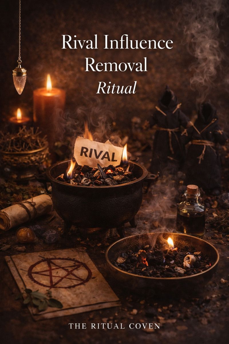 Dark ritual altar for the Rival Influence Removal Ritual featuring a cauldron with burning paper, candles, spell tools, herbs, and symbolic items representing the removal of external influence.