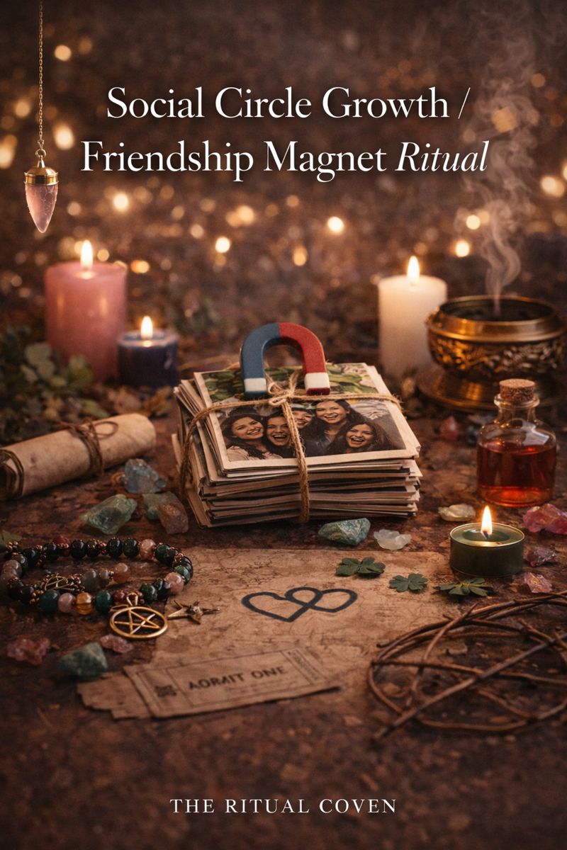 Mystical altar scene for the Social Circle Growth and Friendship Magnet Ritual featuring candles, crystals, ritual tools, photographs representing friendships, and symbolic elements arranged to reflect social connection and personal expansion.