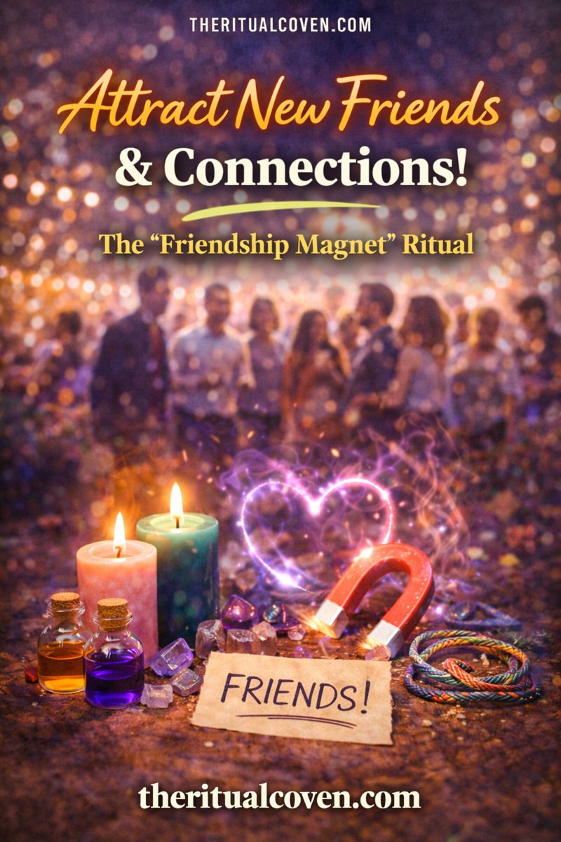 Social Circle Growth Friendship Magnet Ritual image featuring glowing candles, crystals, ritual bottles, a symbolic magnet, heart-shaped energy glow, a group of people in the background, and a handwritten note reading “Friends,” representing social connection and friendship attraction, with theritualcoven.com displayed.