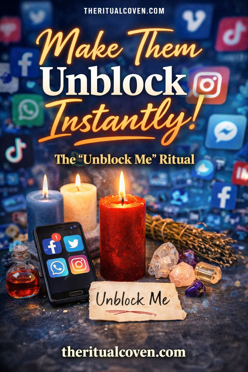 Social Media Unblock Unban Me Ritual image featuring lit candles, crystals, ritual tools, and a smartphone displaying social media icons, symbolizing energetic clearing, digital connection restoration, and communication alignment, with theritualcoven.com shown.