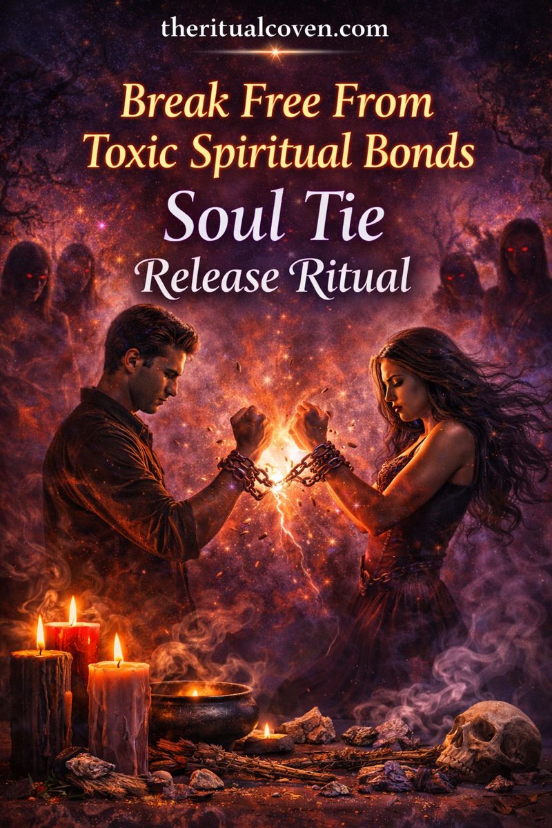 image showing a man and woman breaking glowing chains between them, surrounded by mystical smoke, candles, crystals, and ritual tools. Text reads “Break Free From Toxic Spiritual Bonds” and “Soul Tie Release Ritual.” Dark purple, gold, and fiery tones create a powerful spiritual cleansing atmosphere with theritualcoven.com displayed.