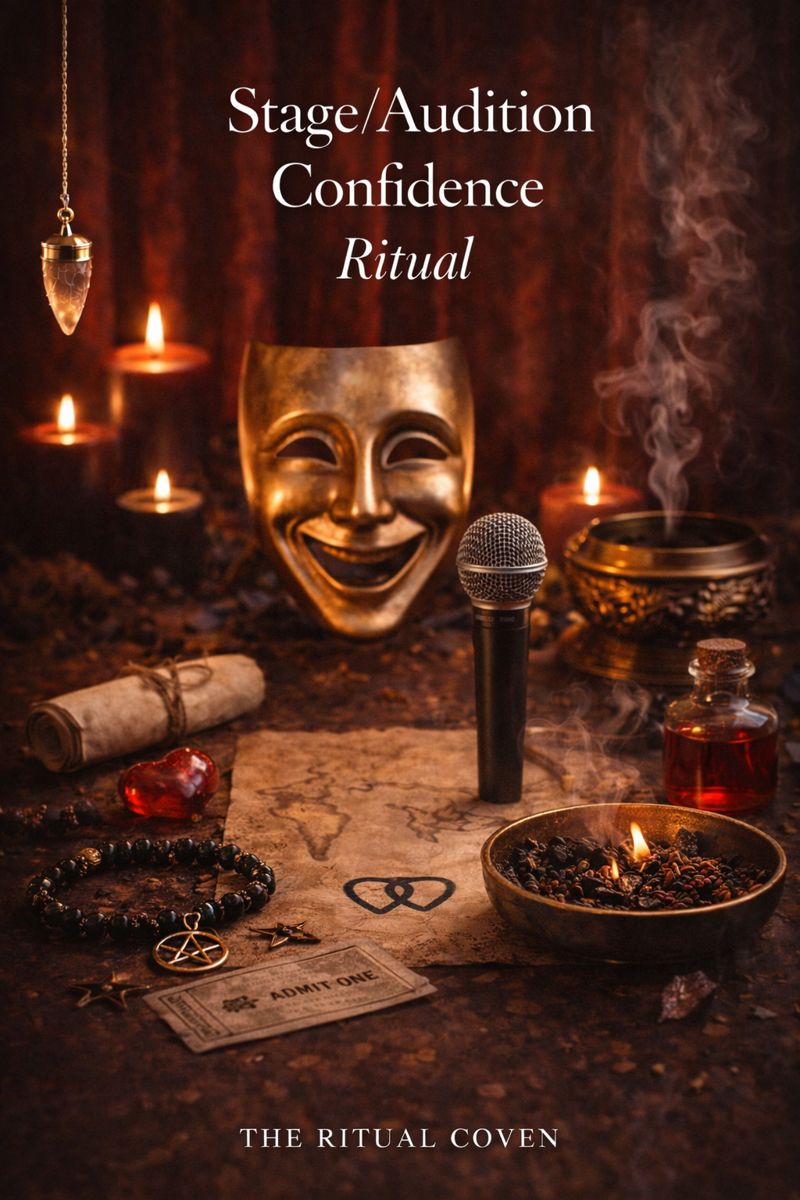 Mystical altar scene for the Stage and Audition Confidence Ritual featuring a theatrical mask, microphone, candles, incense smoke, ritual parchment, and ceremonial tools arranged to symbolize confidence, performance, and presence.