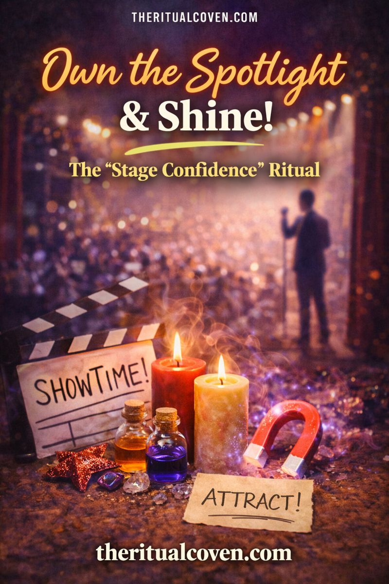 Stage and Audition Confidence Ritual image featuring a performer on stage under bright lights, ritual candles, crystals, potion bottles, a clapperboard reading “Showtime,” and symbolic magnet, representing confidence, presence, and performance readiness, with theritualcoven.com displayed.