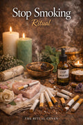 Stop Smoking Ritual with candles, incense, and smoking cessation product on a wooden surface.