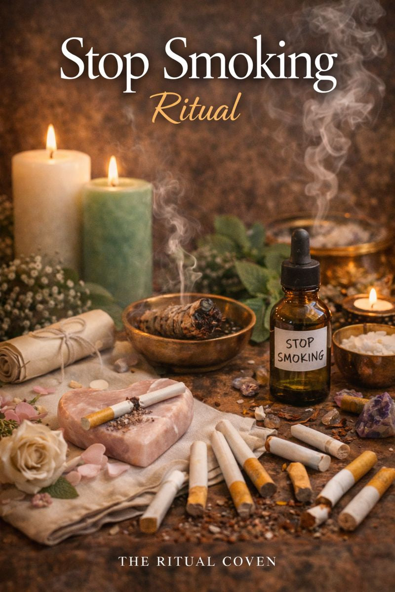 Stop Smoking Ritual with candles, incense, and smoking cessation product on a wooden surface.