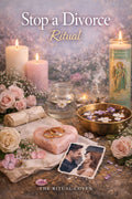 Magical ritual setup with candles, flowers, and a photo of a couple on a table. Stop a Divorce Ritual