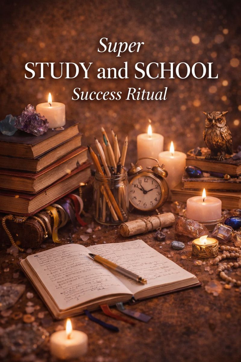 Study and school success ritual setup with books, candles, and a notebook on a dark background.