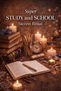 Study and school success ritual setup with books, candles, and a notebook on a dark background.