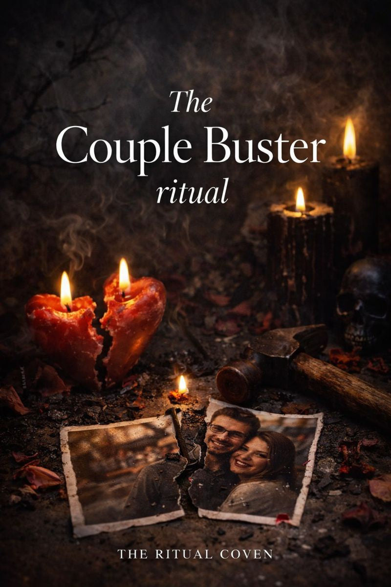 Dark-themed product packaging for 'The Couple Buster ritual' with candles and a broken photo, featuring 'The Ritual Coven'. The Couple Buster Ritual