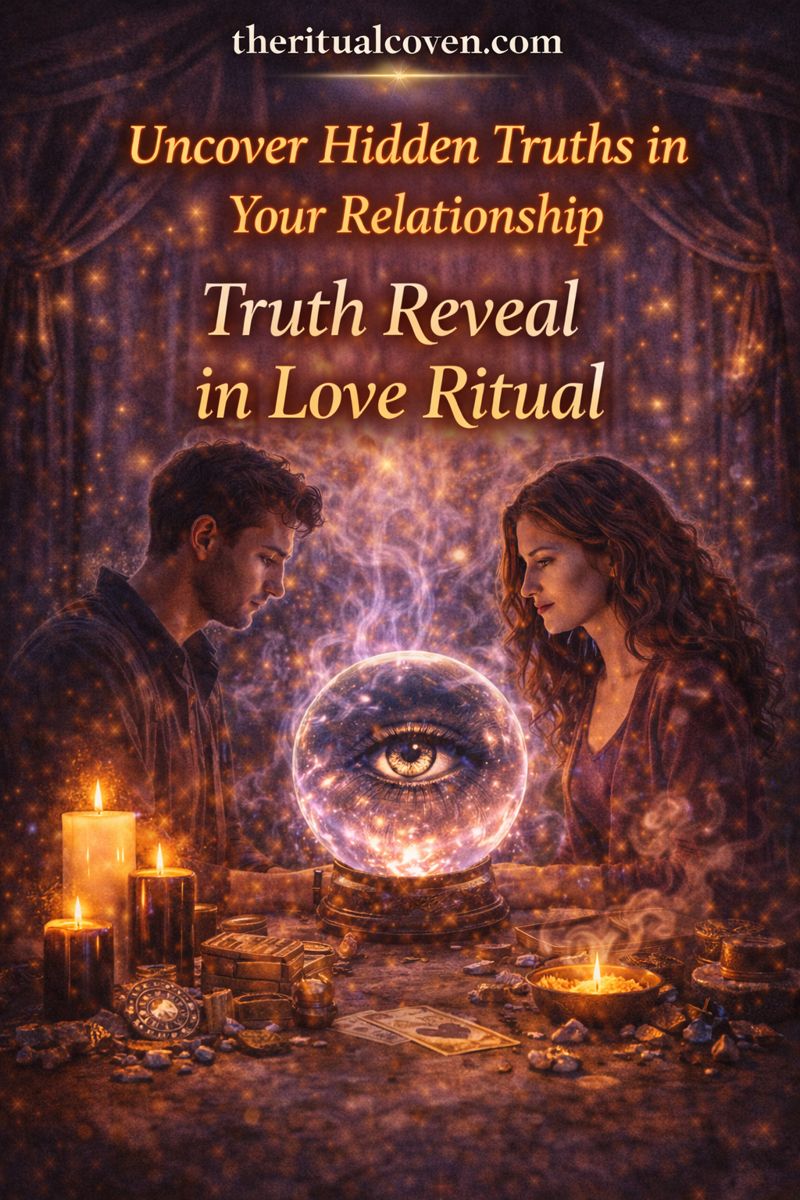 a man and woman seated across from each other at a candlelit table, gazing into a glowing crystal ball with a symbolic eye inside. Surrounded by candles, cards, crystals, and ritual tools. Text reads “Uncover Hidden Truths in Your Relationship” and “Truth Reveal in Love Ritual,” with a mystical purple and gold background and theritualcoven.com displayed.