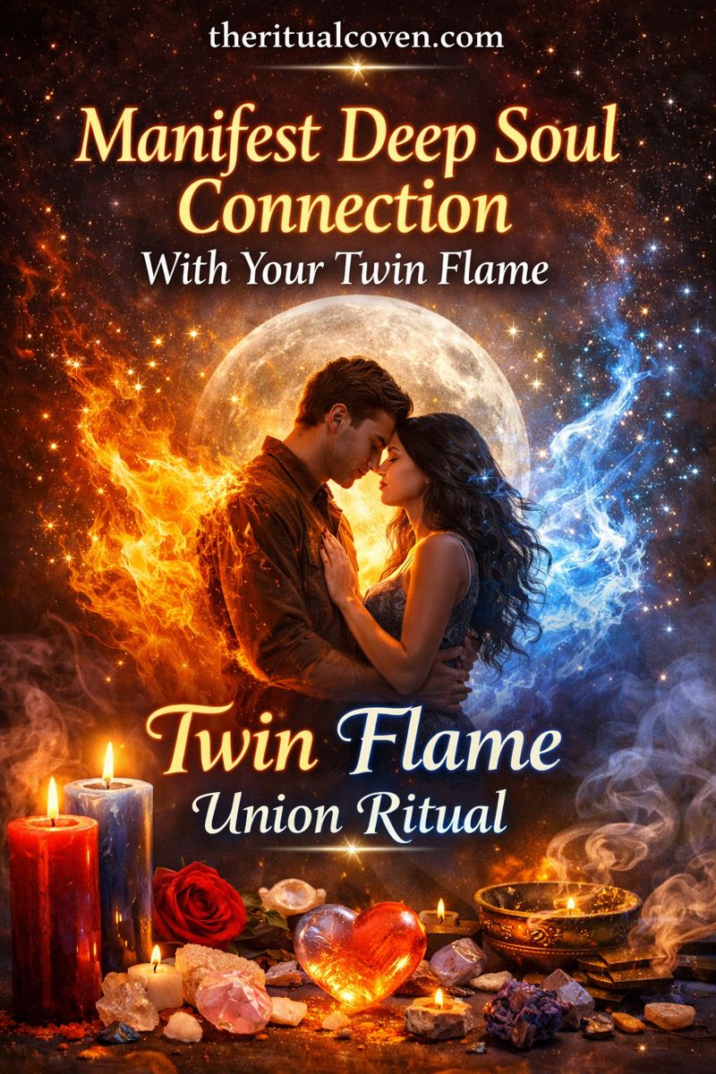 image showing a romantic couple surrounded by glowing twin flame energy, cosmic fire and light, candles, crystals, and ritual elements. Text reads “Manifest Deep Soul Connection With Your Twin Flame” and “Twin Flame Union Ritual.” Mystical spiritual love ritual artwork in warm gold, orange, and blue tones with theritualcoven.com displayed.
